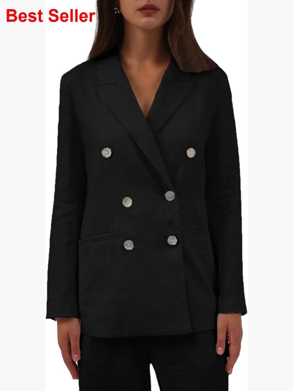 Pure Linen Double-Breasted Notched Blazer with Pockets